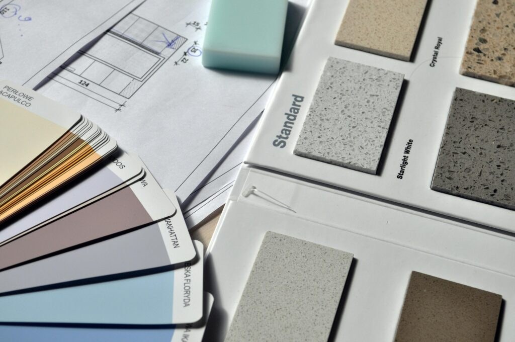 Paint and finish samples laid out for a color consultation
